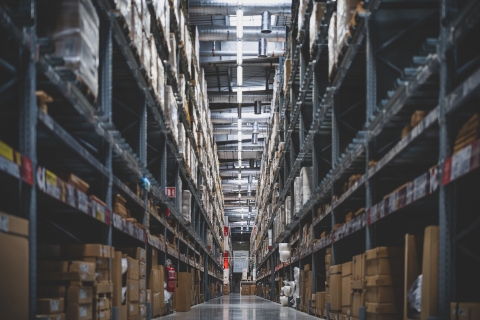 A storage warehouse with tall shelves