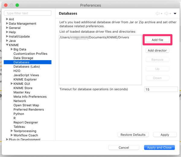 Adding the .jar file in the Databases dialog window of Preferences in KNIME Analytics Platform