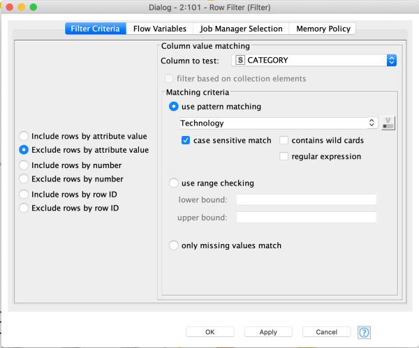 Using a Row Filter node to filter the dataset to exclude the Technology division, i.e. only include the Furniture and Office Supplies division prior to exporting to Tableau in Tableau’s .Hyper format