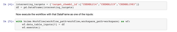 Calling the workflow by creating a Pandas DataFrame with the query table. KNIME is started and runs in the background, returning control to Jupyter once the workflow has executed.