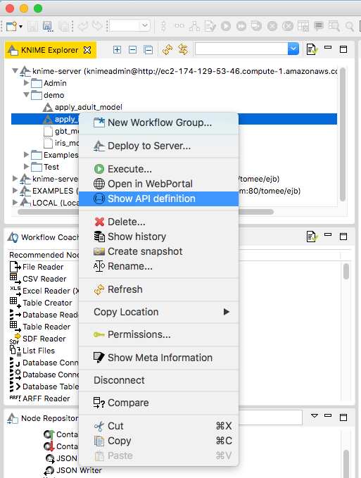 Right-clicking the workflow in KNIME Explorer and selecting the “Show API Definition” option shows the REST API definition