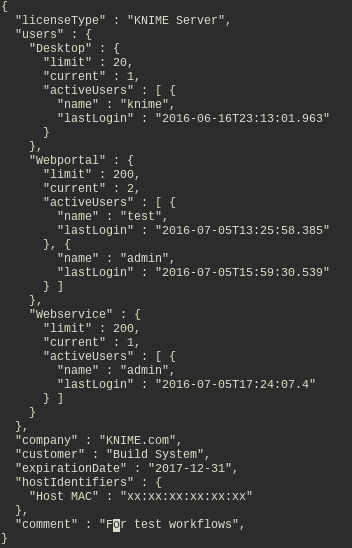 Example of license information